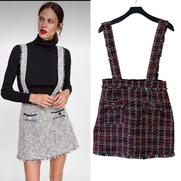 Zara‎ Tweed Boucle Mini Skirt With Suspenders - Picture 1 of 7